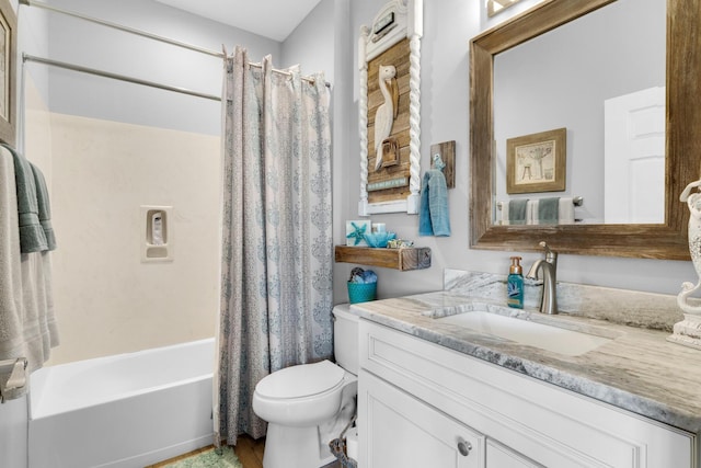 full bath with shower / tub combo with curtain, toilet, and vanity