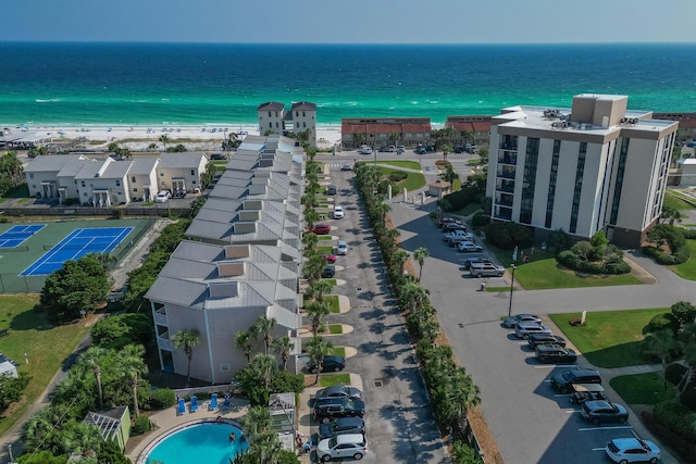 aerial view featuring a beach view and a water view