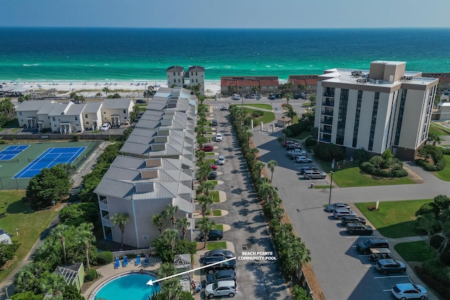 drone / aerial view with a view of the beach and a water view