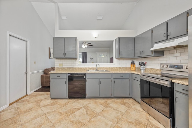 kitchen featuring sink, dishwasher, electric range, and gray cabinets