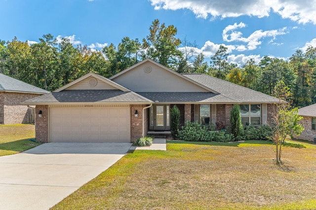 single story home with a garage, a front lawn, roof with shingles, brick siding, and driveway