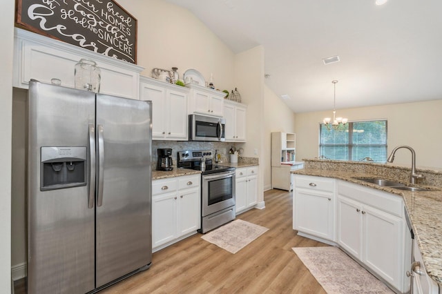 kitchen featuring visible vents, an inviting chandelier, white cabinetry, a sink, and appliances with stainless steel finishes