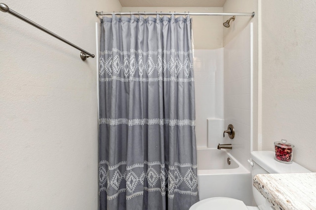 full bathroom with shower / bathtub combination with curtain and toilet