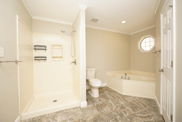 bathroom featuring toilet, ornamental molding, and independent shower and bath