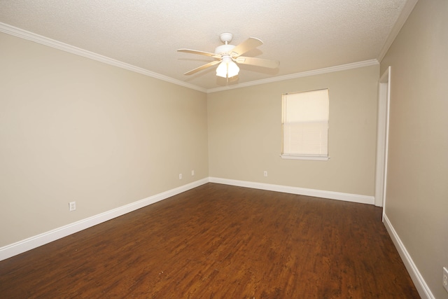 unfurnished room featuring a textured ceiling, dark hardwood / wood-style floors, ceiling fan, and ornamental molding