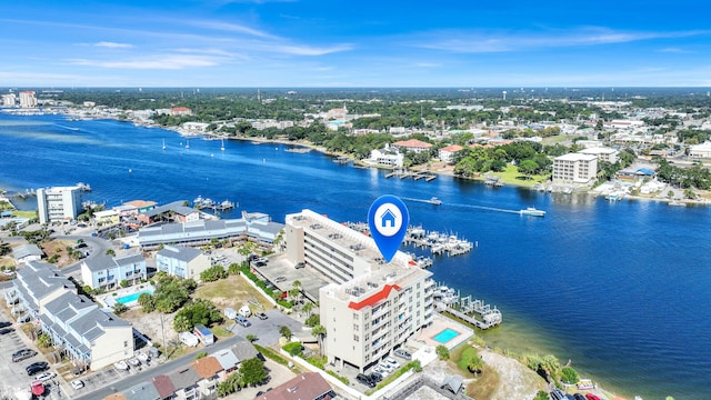 bird's eye view with a water view