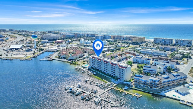 birds eye view of property featuring a water view