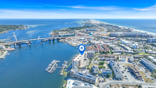 birds eye view of property featuring a water view