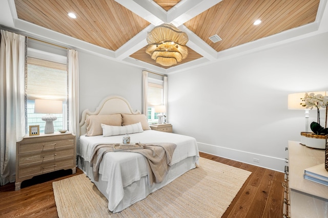 bedroom with coffered ceiling, wooden ceiling, dark wood-type flooring, and baseboards