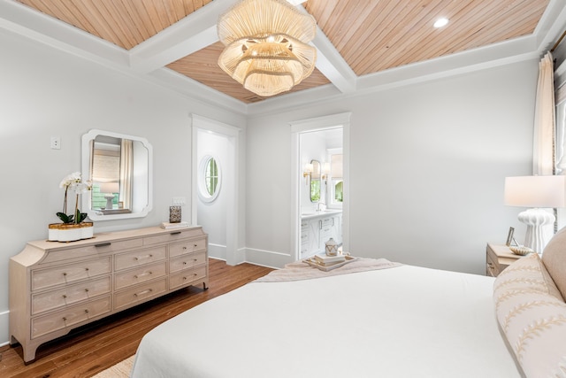 bedroom featuring beam ceiling, dark wood-type flooring, and wooden ceiling