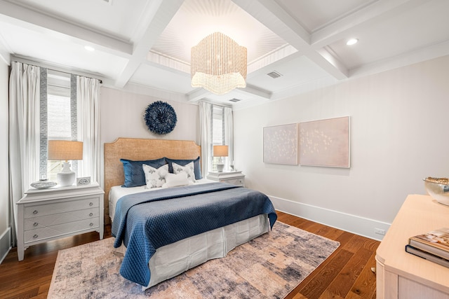 bedroom with baseboards, coffered ceiling, and dark wood-style flooring