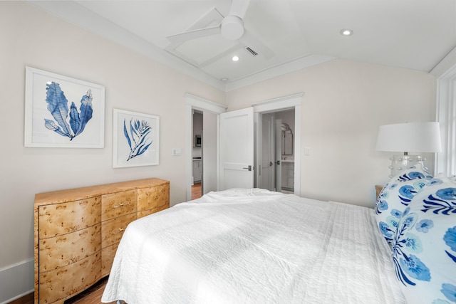 bedroom with visible vents, attic access, vaulted ceiling, recessed lighting, and a ceiling fan