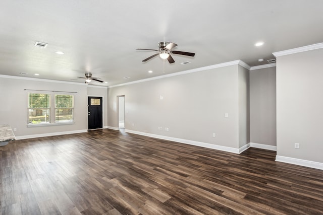 unfurnished living room with ornamental molding, dark wood-type flooring, and ceiling fan