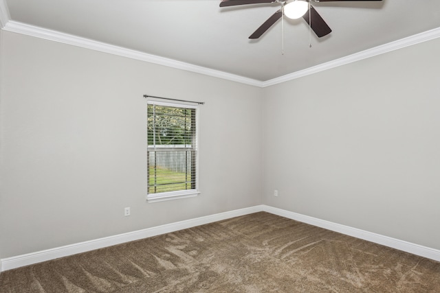 carpeted empty room featuring ceiling fan and ornamental molding