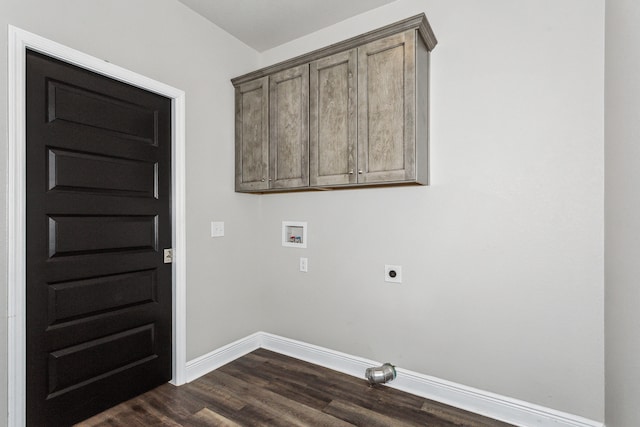 laundry area featuring hookup for a washing machine, electric dryer hookup, cabinets, and dark hardwood / wood-style flooring