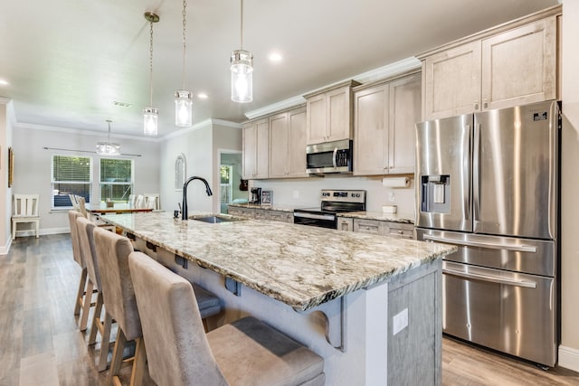 kitchen with an island with sink, stainless steel appliances, sink, decorative light fixtures, and light wood-type flooring