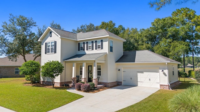 view of front of home with a front yard and a garage