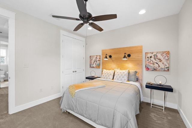 carpeted bedroom with a closet and ceiling fan