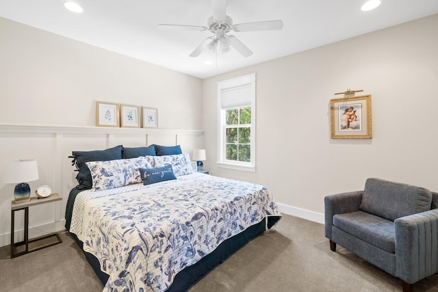 carpeted bedroom with ceiling fan