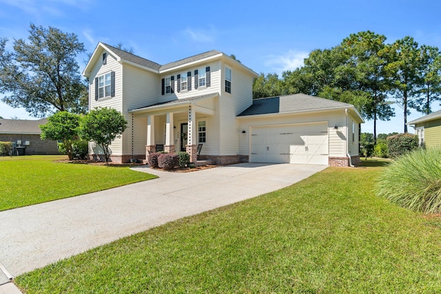 view of front of home with a porch, a front yard, and a garage