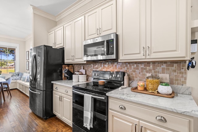 kitchen featuring decorative backsplash, appliances with stainless steel finishes, dark hardwood / wood-style floors, crown molding, and light stone counters