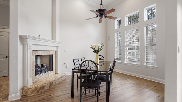 dining space featuring ornamental molding, ceiling fan, a healthy amount of sunlight, and a tiled fireplace