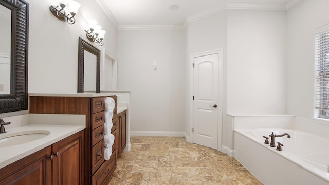 bathroom featuring vanity, crown molding, and a tub