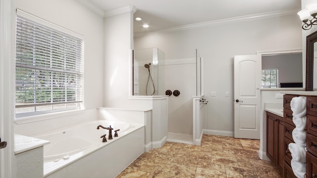 bathroom featuring vanity, a healthy amount of sunlight, ornamental molding, and independent shower and bath