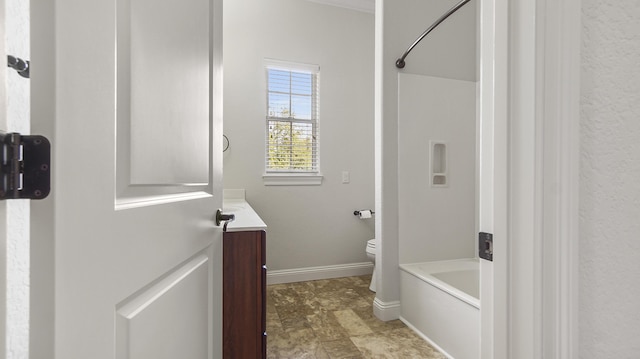 full bathroom with vanity, shower / bathtub combination, and toilet