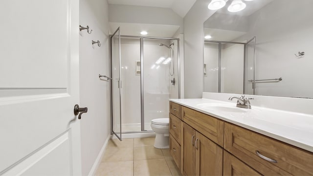 bathroom featuring tile patterned floors, vanity, a shower with door, toilet, and lofted ceiling