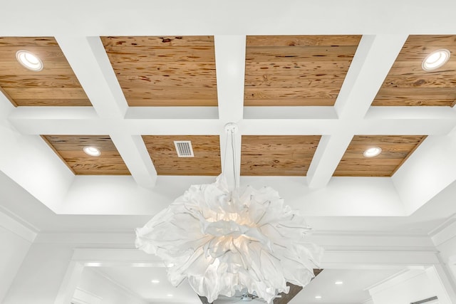 room details with wooden ceiling, beamed ceiling, and recessed lighting