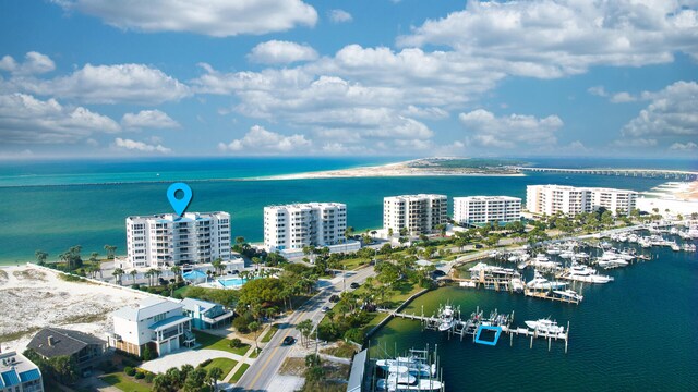 aerial view with a water view and a city view