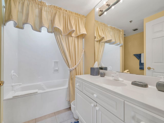 full bath with tile patterned flooring, visible vents, shower / bath combination with curtain, and vanity