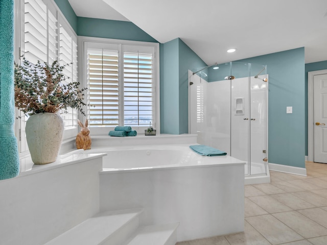 bathroom featuring a garden tub, recessed lighting, a stall shower, baseboards, and tile patterned floors