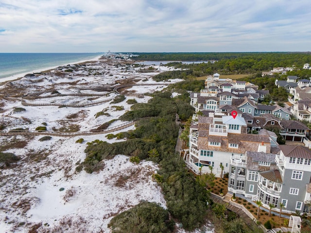 aerial view featuring a water view and a view of the beach