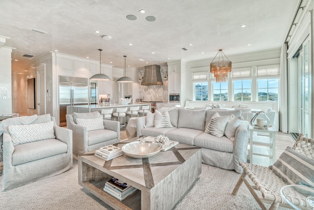 living room with a chandelier