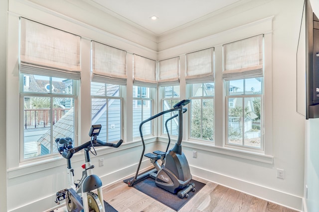 exercise room with crown molding, wood-type flooring, and a wealth of natural light