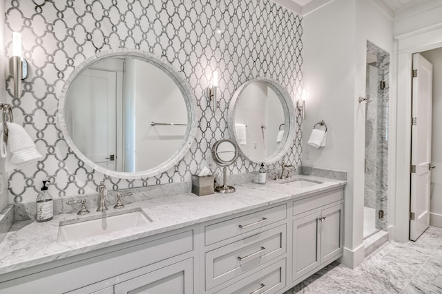 bathroom with vanity and walk in shower