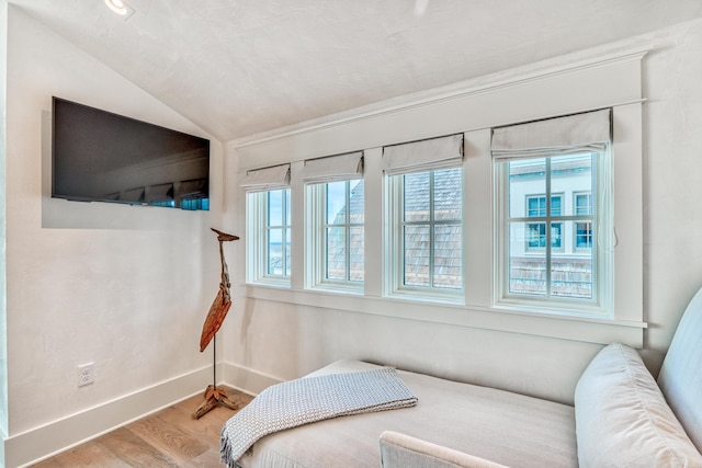 bedroom with lofted ceiling and light hardwood / wood-style flooring