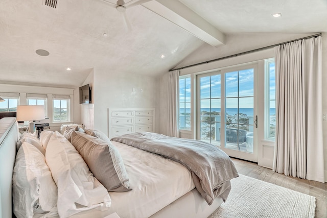 bedroom with access to exterior, light hardwood / wood-style flooring, and lofted ceiling with beams