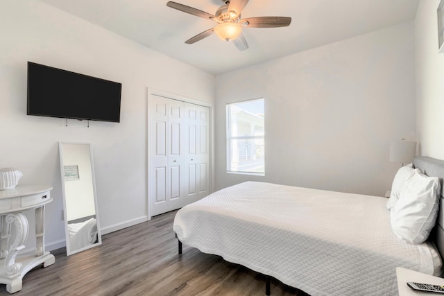 bedroom featuring a closet, ceiling fan, and wood-type flooring