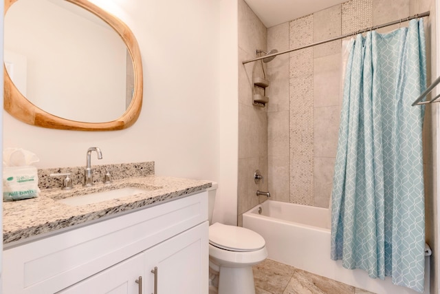 full bathroom featuring vanity, tile patterned floors, toilet, and shower / bathtub combination with curtain