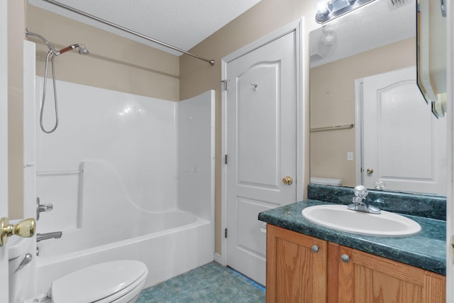 full bathroom with toilet, a textured ceiling, vanity, and bathing tub / shower combination