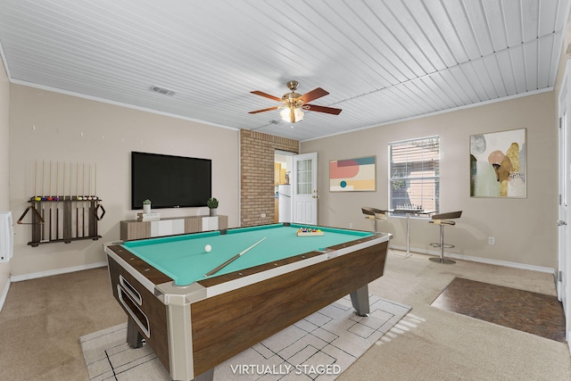 rec room with pool table, ceiling fan, wooden ceiling, ornamental molding, and light colored carpet