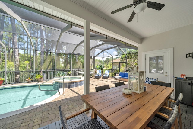 exterior space with a pool and ceiling fan