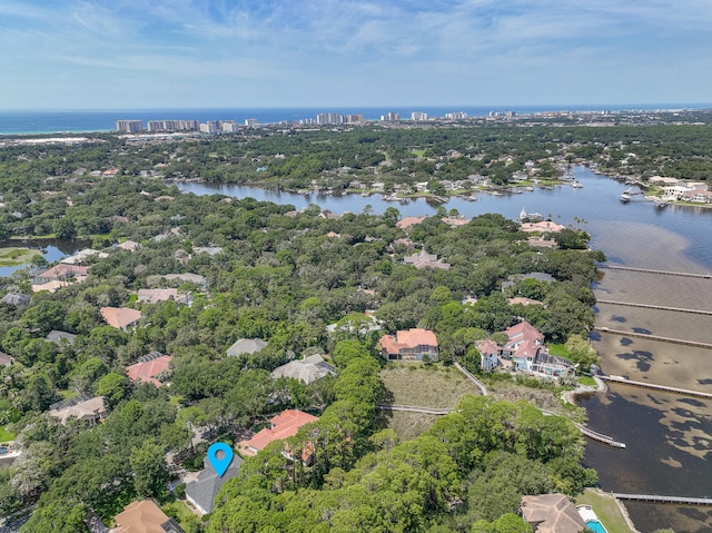 aerial view featuring a water view