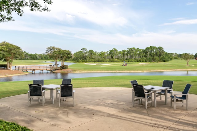 view of patio featuring a water view