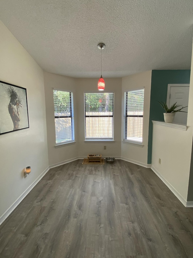 unfurnished dining area featuring dark hardwood / wood-style floors, a textured ceiling, and a wealth of natural light