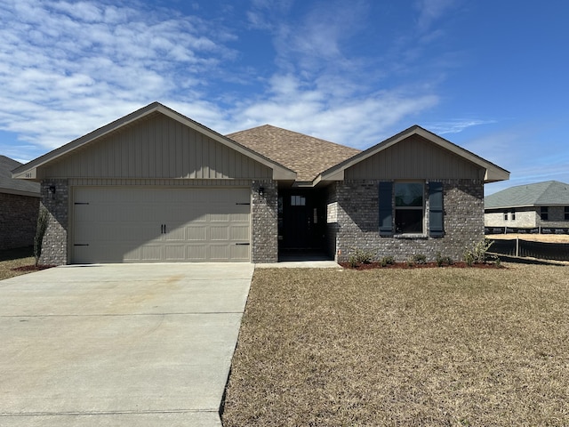 single story home featuring an attached garage, driveway, a shingled roof, and brick siding