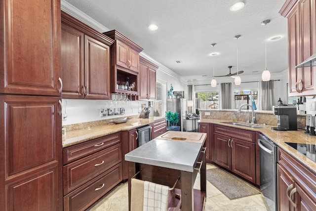 kitchen featuring a textured ceiling, sink, stainless steel dishwasher, crown molding, and decorative light fixtures